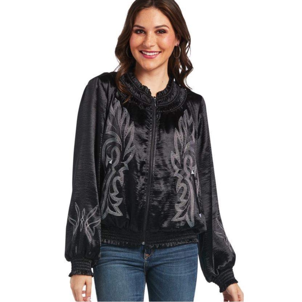 Ariat women’s black satin bomber jacket black western embroidered M